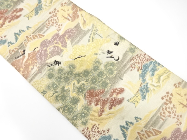 JAPANESE KIMONO / ANTIQUE MARU OBI / WOVEN PINE & CRANE WITH BOAT